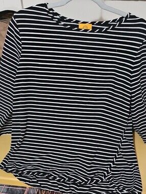 Ruby Rd. Black and White Striped Boatneck Long Sleeve Top